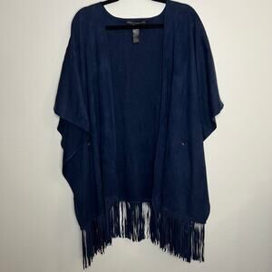 White House Black Market| faux suede fringed navy ruana wrap kimono top